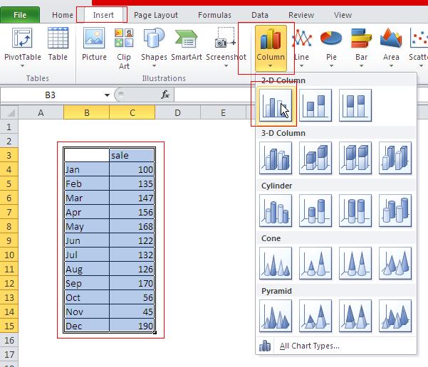 Excel chart column clustered insert