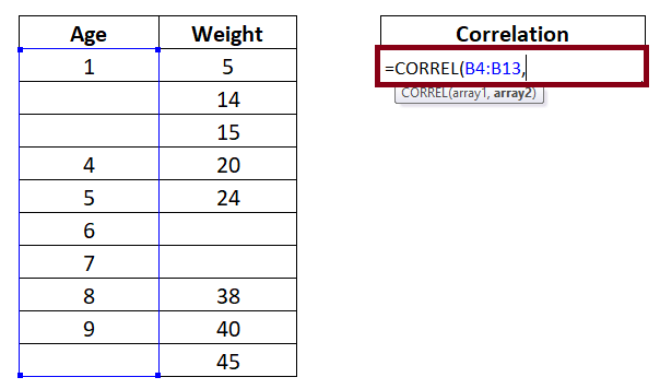 Excel CORREL function