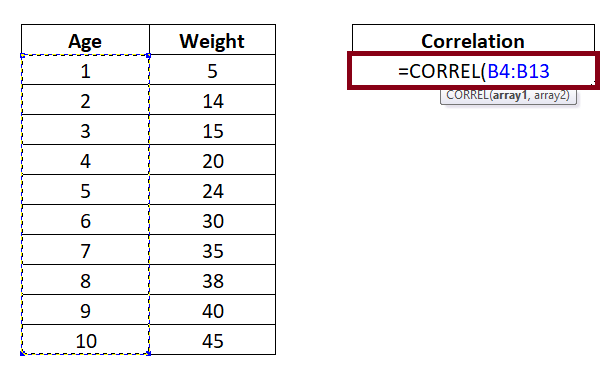 Excel CORREL function