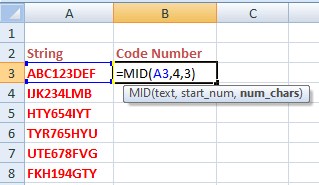 Excel mid function