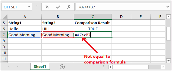 Excel not equal to operator