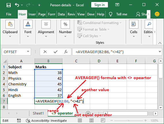 Excel not equal to operator