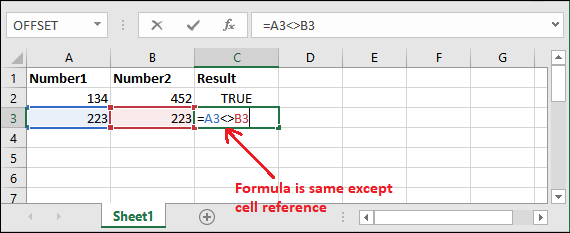 Excel not equal to operator