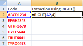 Excel right function