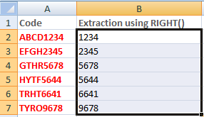 Excel right function