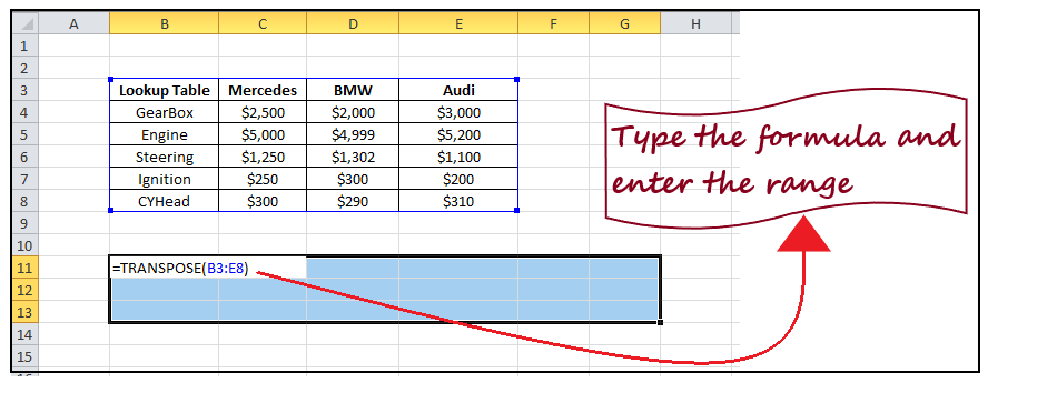 Excel Transpose Function