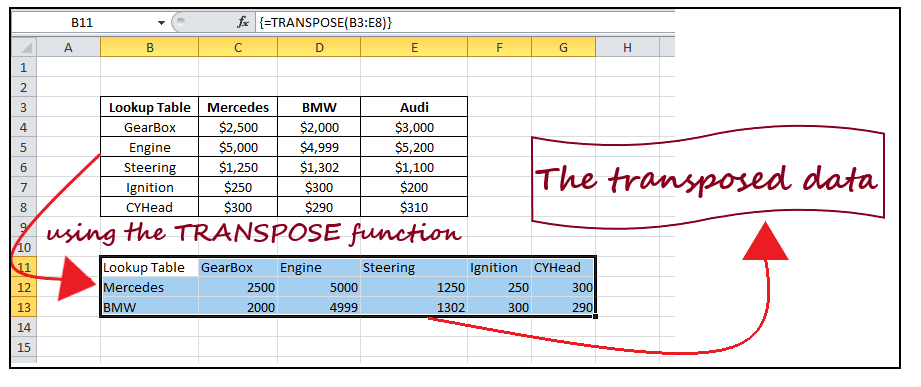 Excel Transpose Function