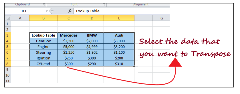 Excel Transpose Function