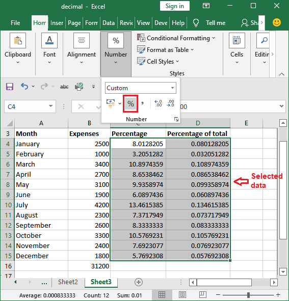 Formula for percentage of total in Excel