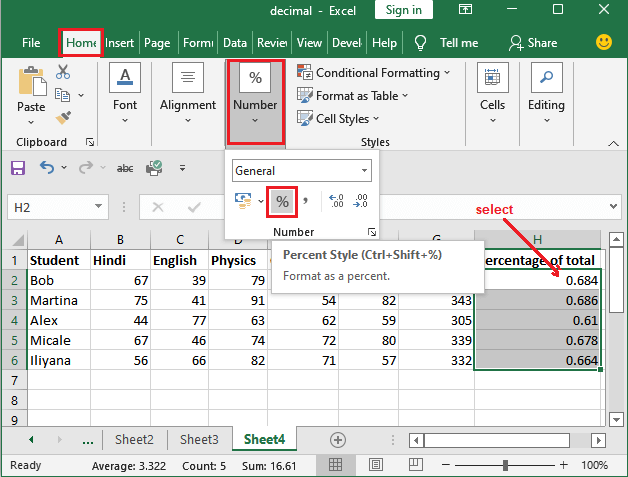 Formula for percentage of total in Excel