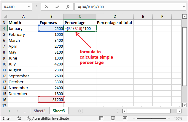 Formula for percentage of total in Excel