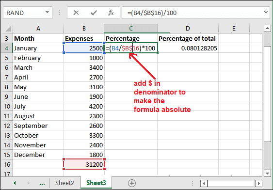 Formula for percentage of total in Excel