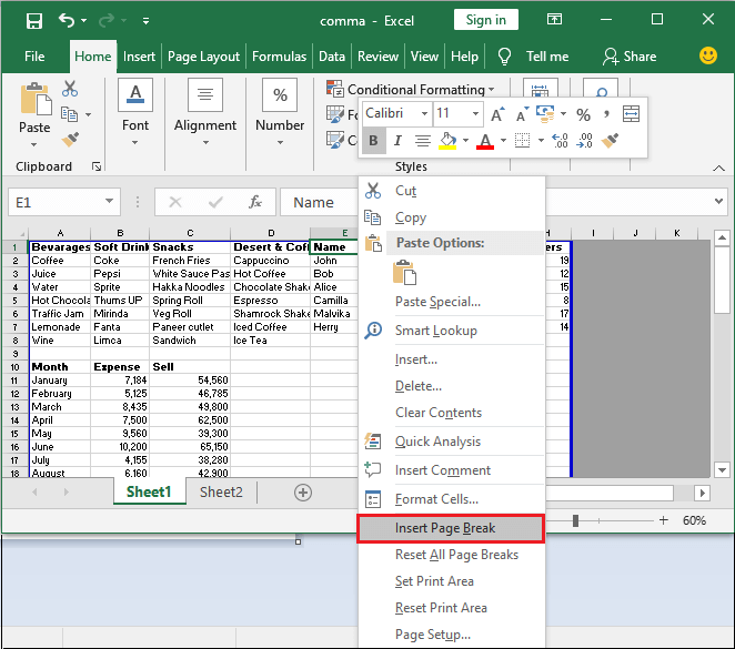 How to add page break in Excel