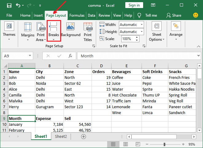 How to add page break in Excel