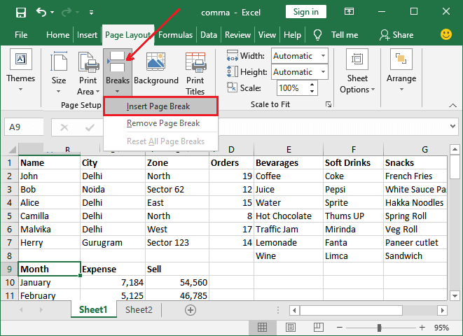 How to add page break in Excel