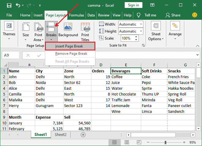 How to add page break in Excel