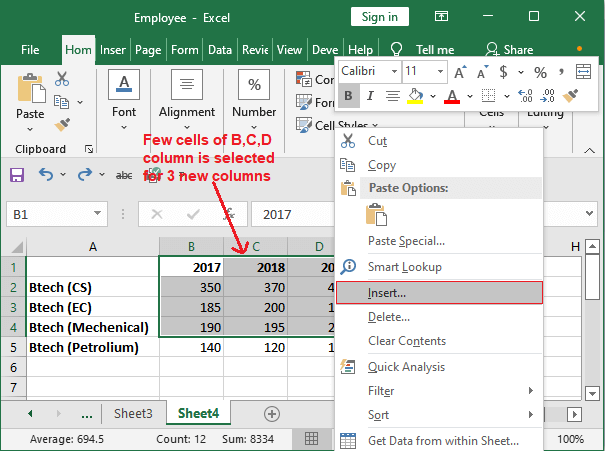 How to insert a column in Excel?