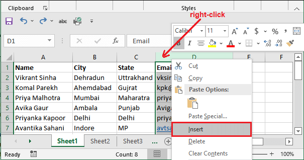 How to insert a column in Excel?