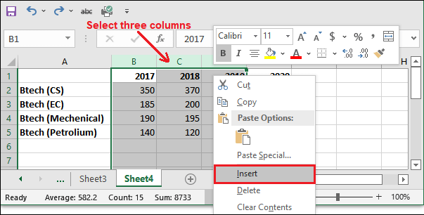 How to insert a column in Excel?