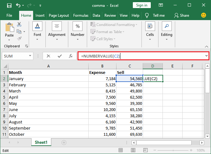 How to remove comma in Excel