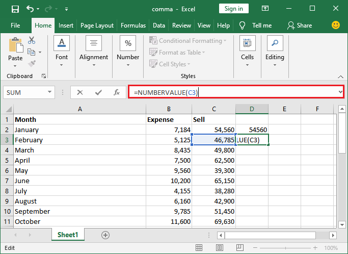 How to remove comma in Excel