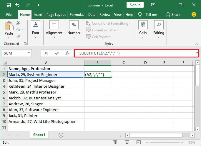 How to remove comma in Excel