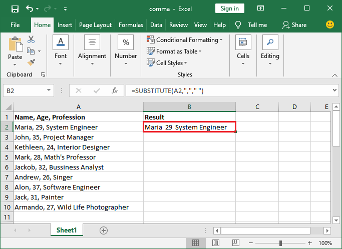 How to remove comma in Excel