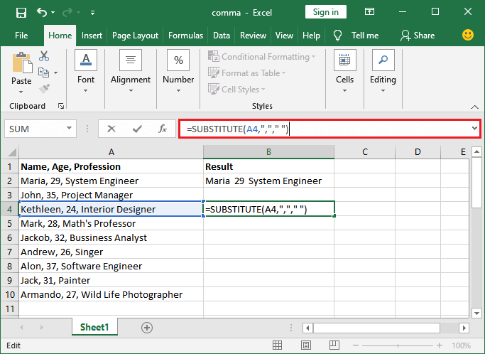 How to remove comma in Excel