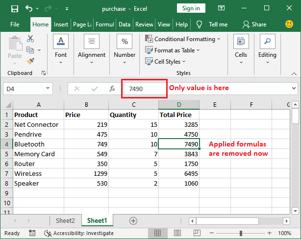 How to remove formula in Excel