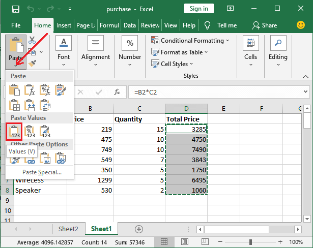 How to remove formula in Excel