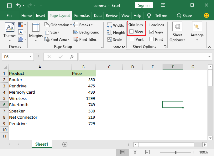 How to remove gridlines in Excel