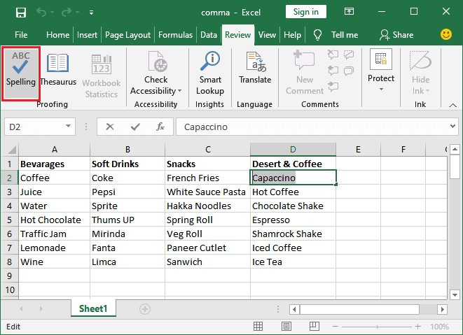 How to spell check in Excel