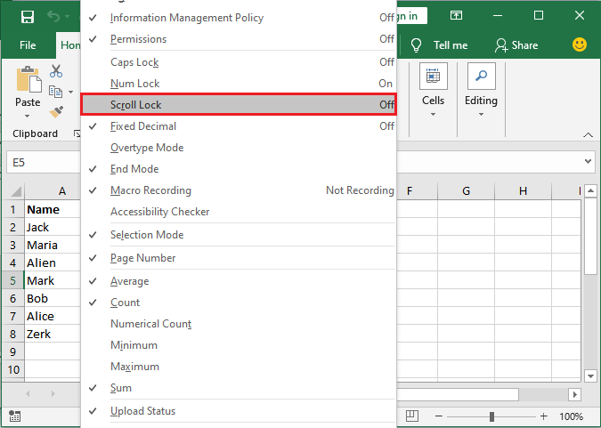 How to unlock scroll lock in Excel