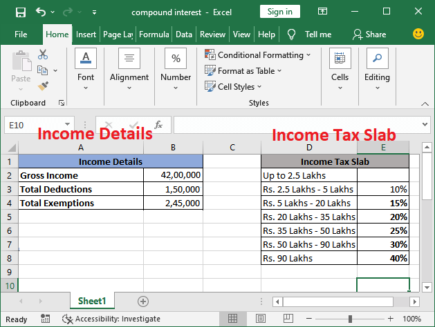 Income tax calculating formula in Excel