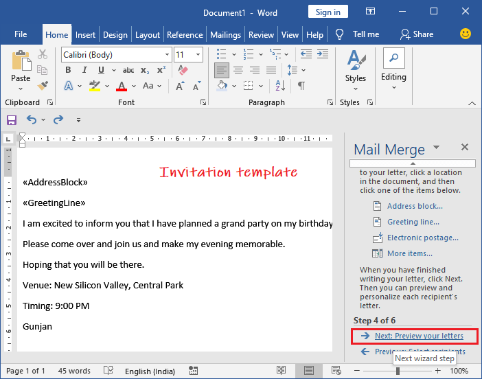 Mail merge in Excel