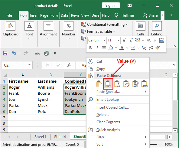 Merge columns in excel