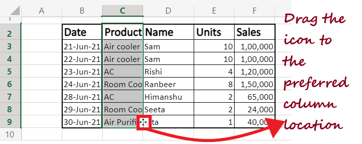 Move data in Excel