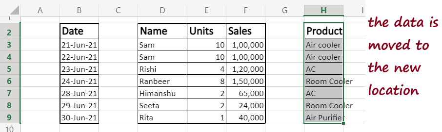 Move data in Excel