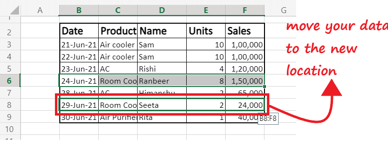 Move data in Excel