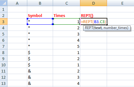 REPT() in excel