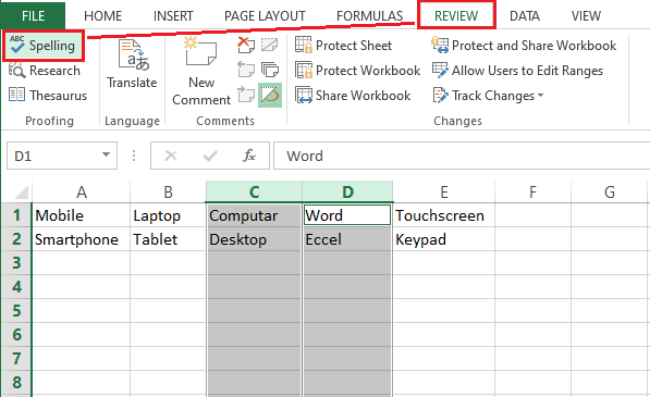 Spell Check in Excel