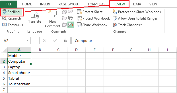 Spell Check in Excel